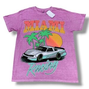 Miami Racing Graphic T-Shirt Mens Medium M Pink Heather Crew Neck Short Sleeve